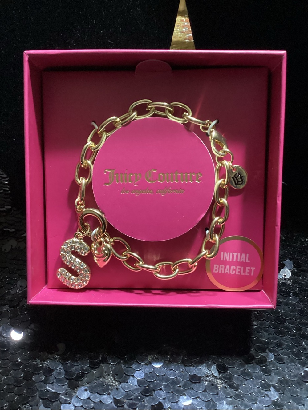 Juicy Couture Gold-Tone Chain Bracelet with Crystal 'S' Charm - Pink Box